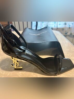 Saint Laurent Black Patent Leather Ankle-Strap Heels with Gold-Tone Logo Heel